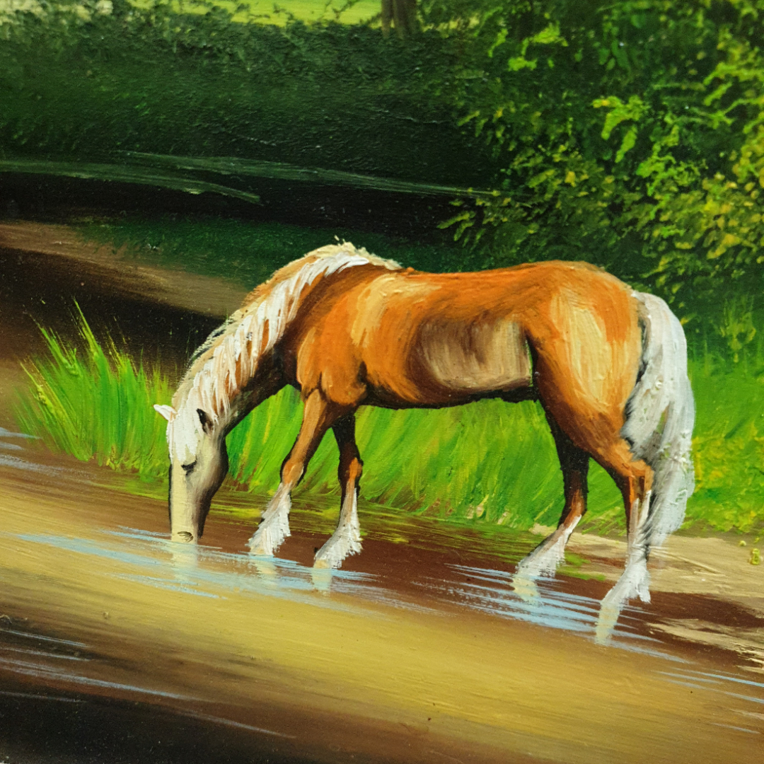 Картина "Лошадь у воды", масло на фанере, А. Лычковская, размер полотна 88х50 см. Скол на рамке. Картинка 8